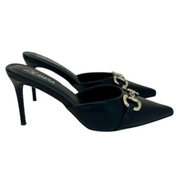 LILIANA / Silla-9/ Black / Pointed Toe / Stiletto Mule / Heels / With Silver Buc - Picture 3 of 8